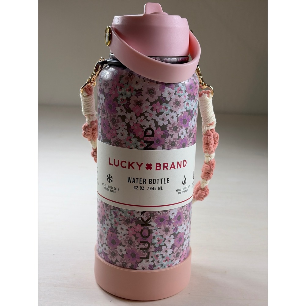Lucky Brand 32 oz Floral Water Bottle Stainless Steel Macrame Strap Pink Purple